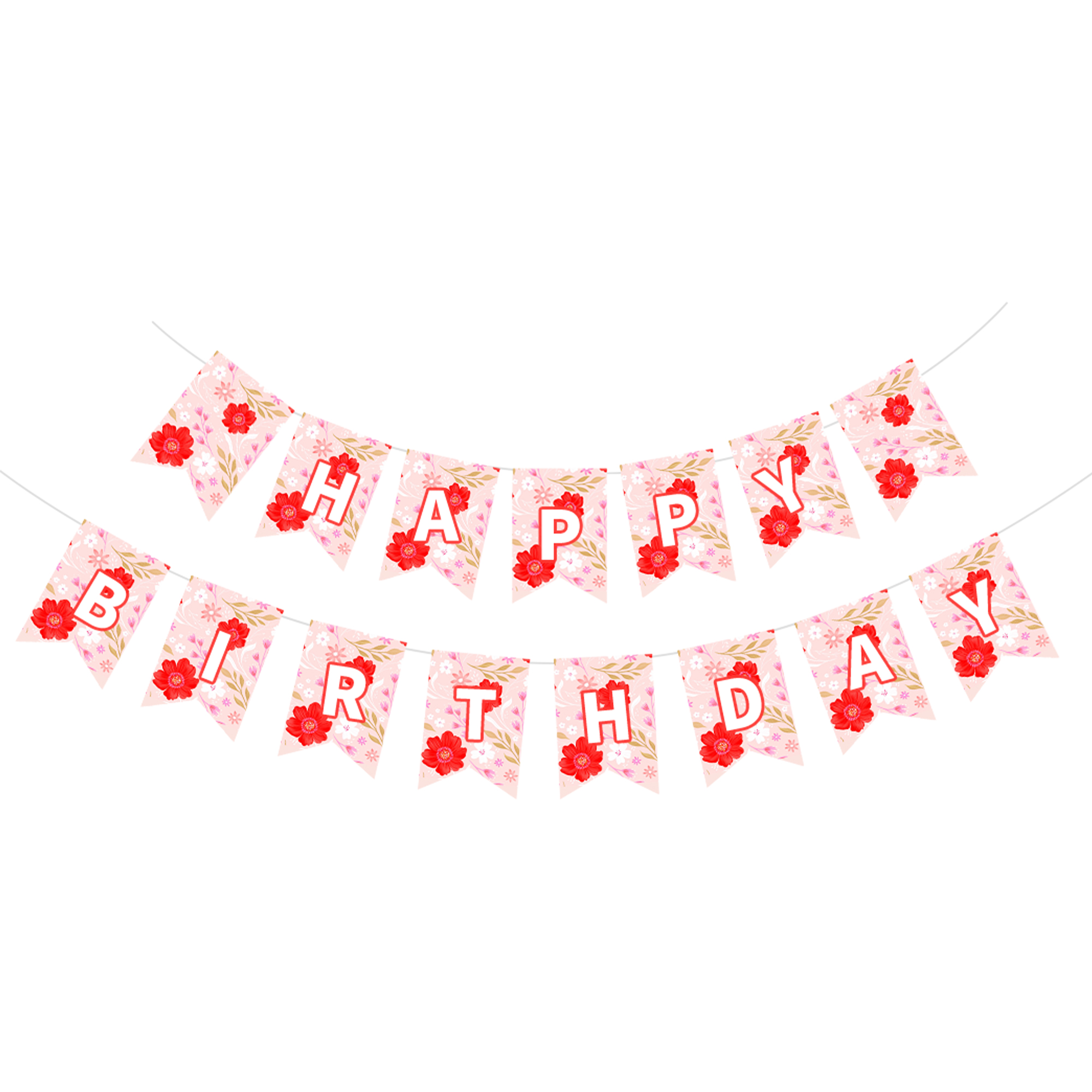 Floral Theme Pink Flower Happy Birthday Paper Banner