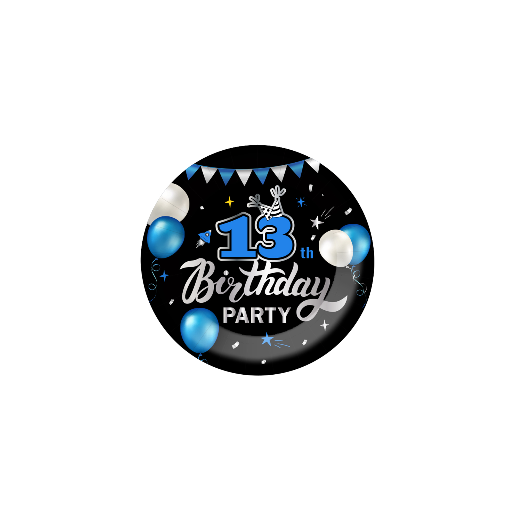Birthday Theme 13th Black Background Blue Balloon Pattern 7 Inch Plate