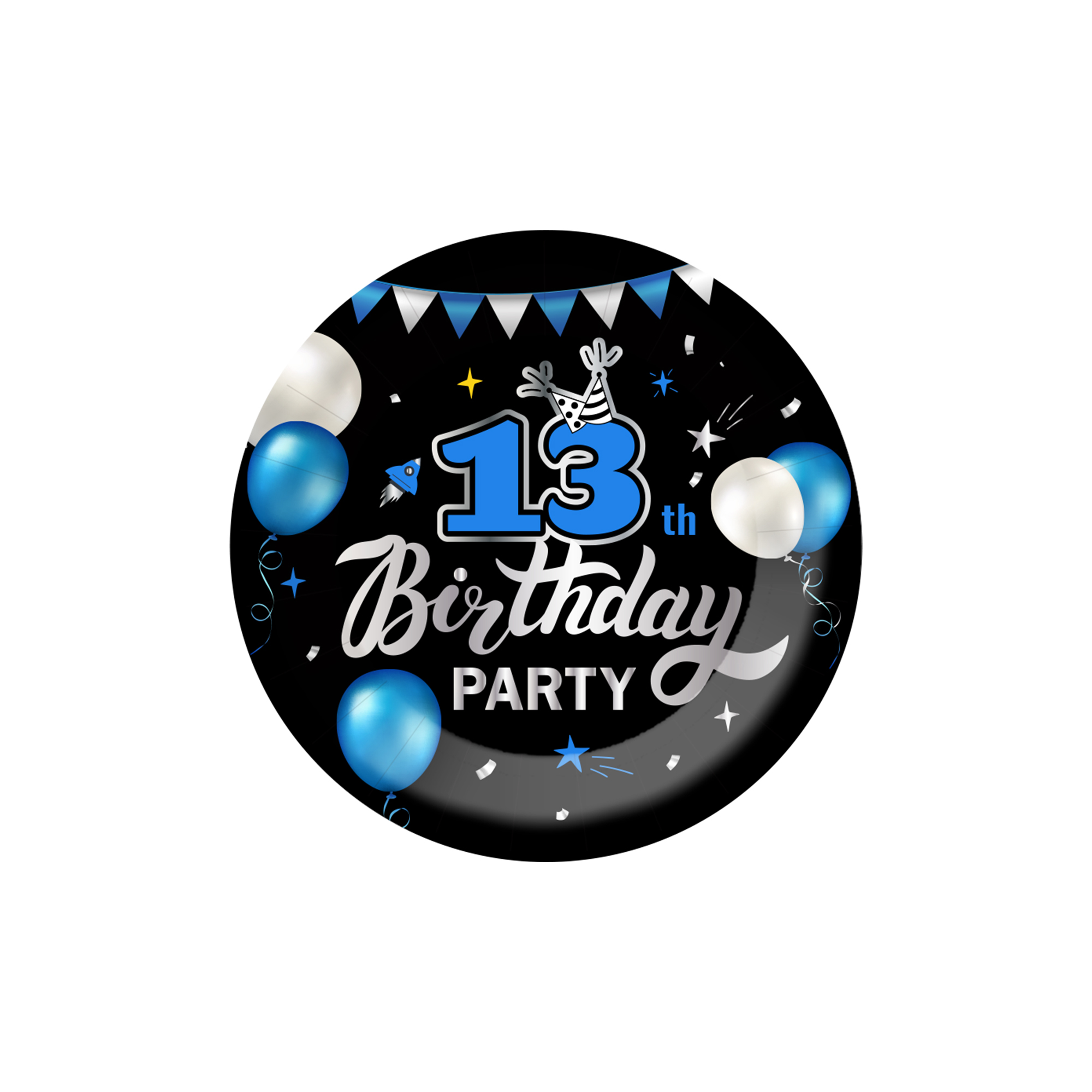 Birthday Theme 13th Black Background Blue Balloon Pattern 9 Inch Plate