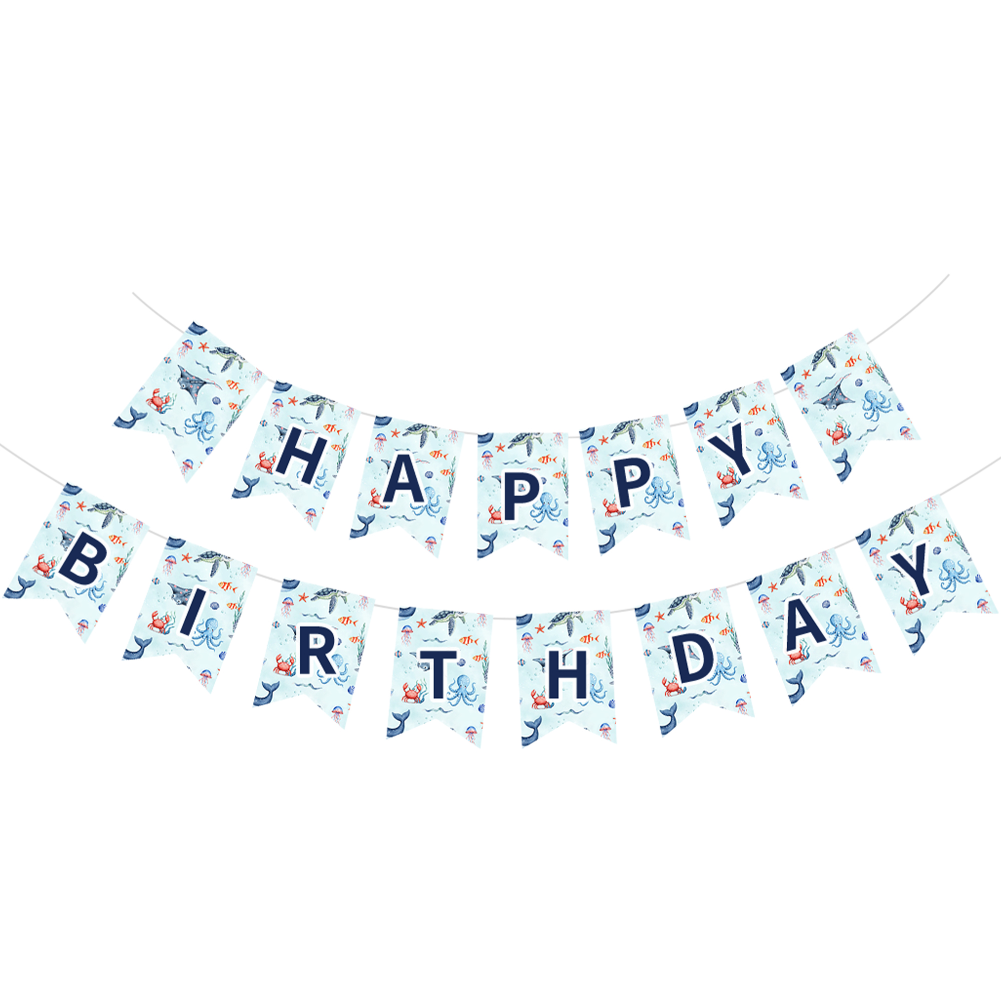 Ocean Animal Theme Light Blue Happy Birthday Paper Banner
